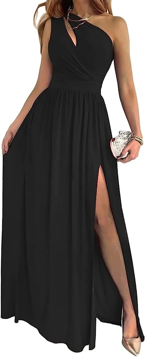 Women's apricot one shoulder sleeveless maxi dress with cutout detail and high split.
