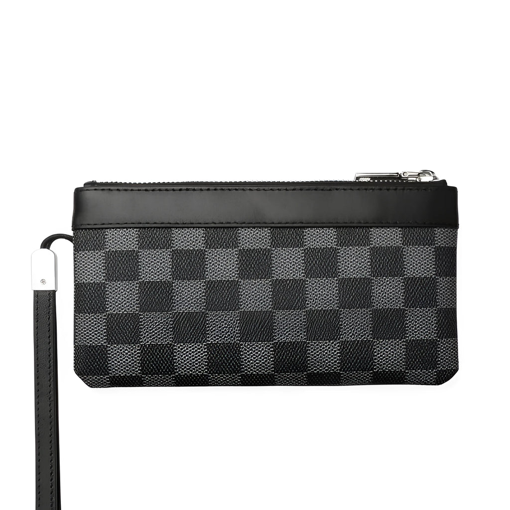 Black leather plaid clutch wallet showing first layer cowhide texture and polyester lining