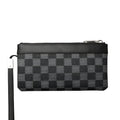 Black leather plaid clutch wallet showing first layer cowhide texture and polyester lining
