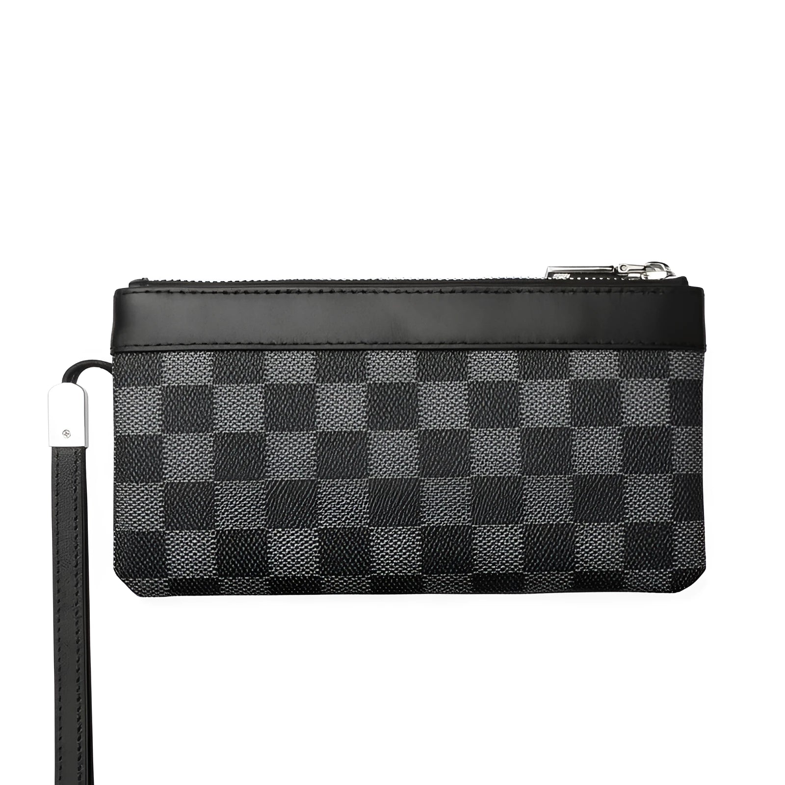 Black leather plaid clutch wallet showing first layer cowhide texture and polyester lining