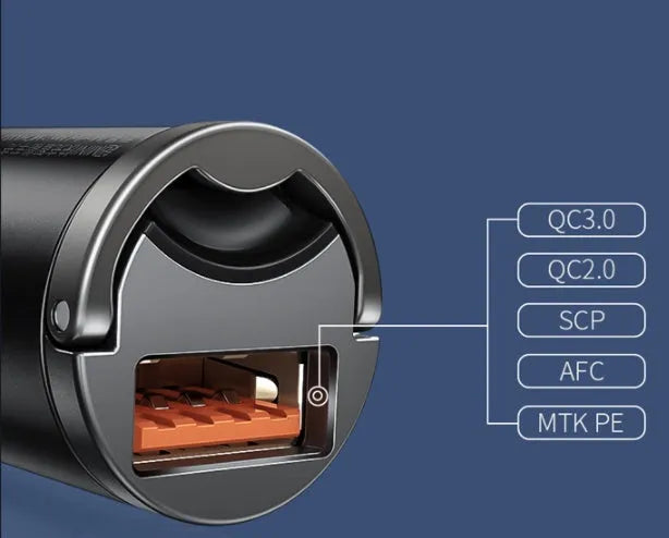 Baseus Huixiaoxing electro-optical grey 30W mini car charger with single USB port and cable.