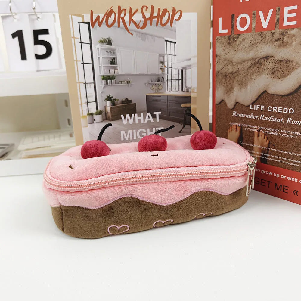 Korean style Cherry Cake design plush velvet pencil bag for pen organisation