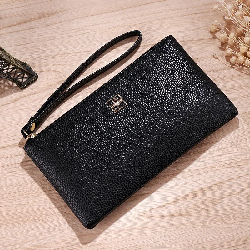 55-inch long PU leather phone wallet zipper handbag in solid colour with sewing line detailing