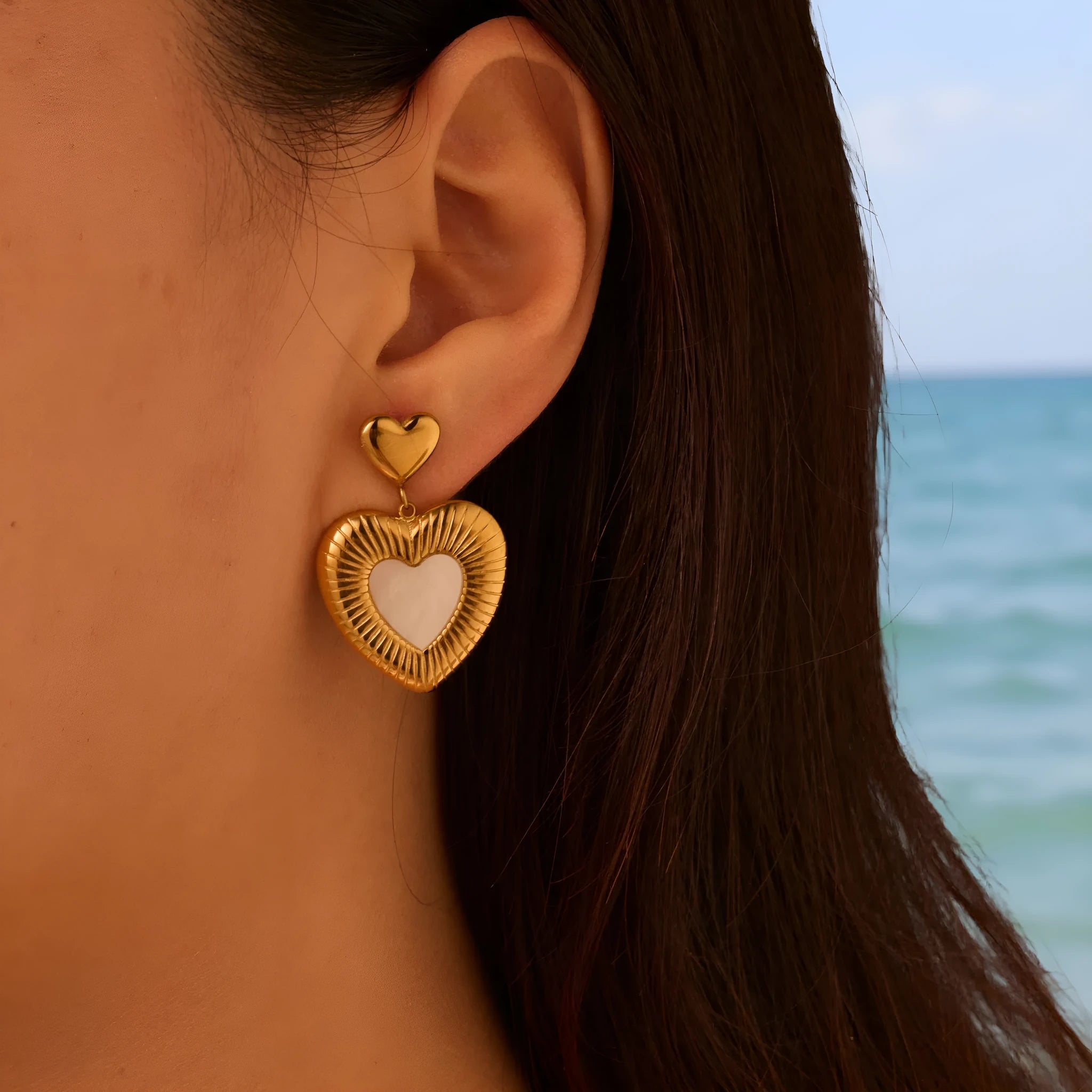 Heart-shaped gold electroplated stainless steel fritillary drop earrings for women