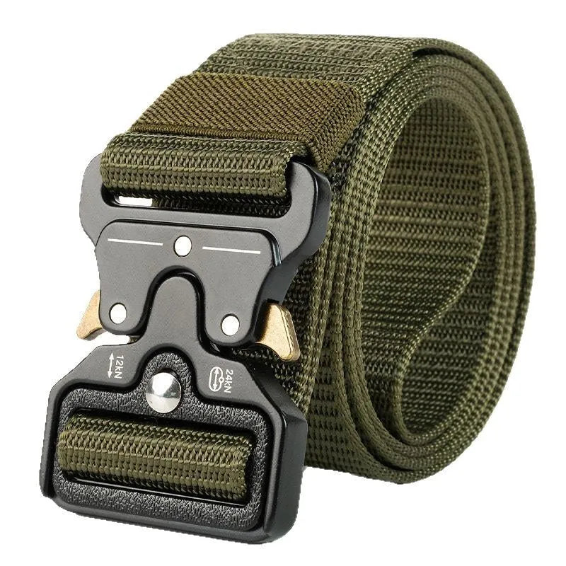 Men's thick canvas tactical belt with an alloy release buckle shown in Army Green colour.