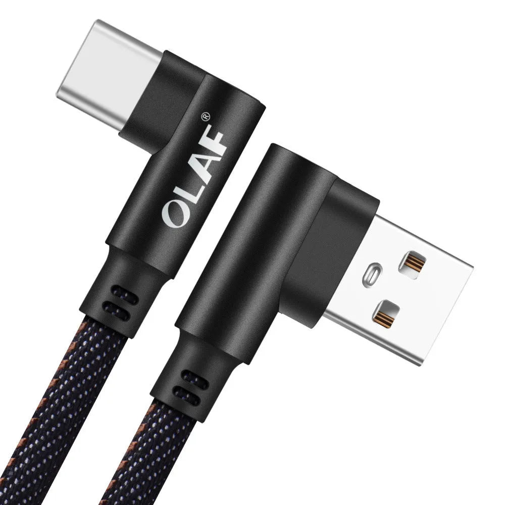 Denim fabric USB fast charging cable with aluminium connectors in black, blue, or red colours