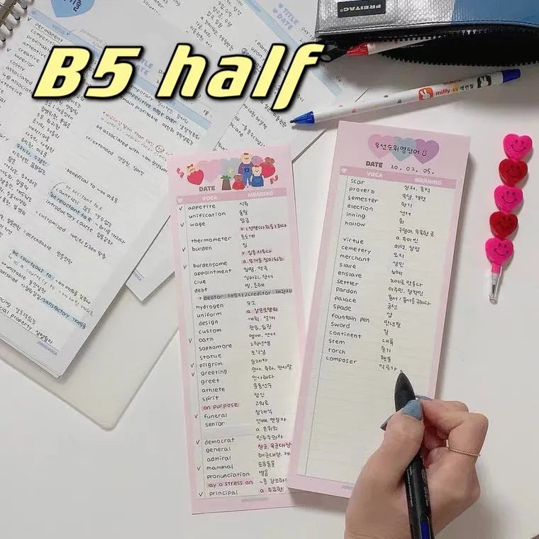 Vertical B5 half-size notepad with double-sided printing in blue, pink, or purple cover colours