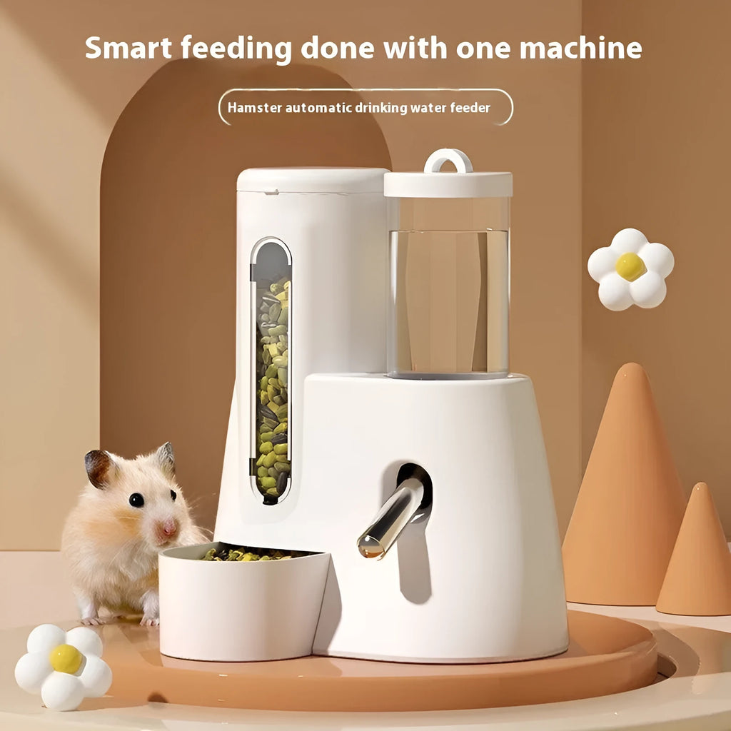 A white, blue, or pink plastic automatic water feeder and food basin for hamsters, available in large or small size.