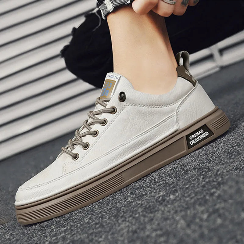 Men's slip-on flats shoes in beige, showing PU upper, low heel, and round toe with sewing thread details