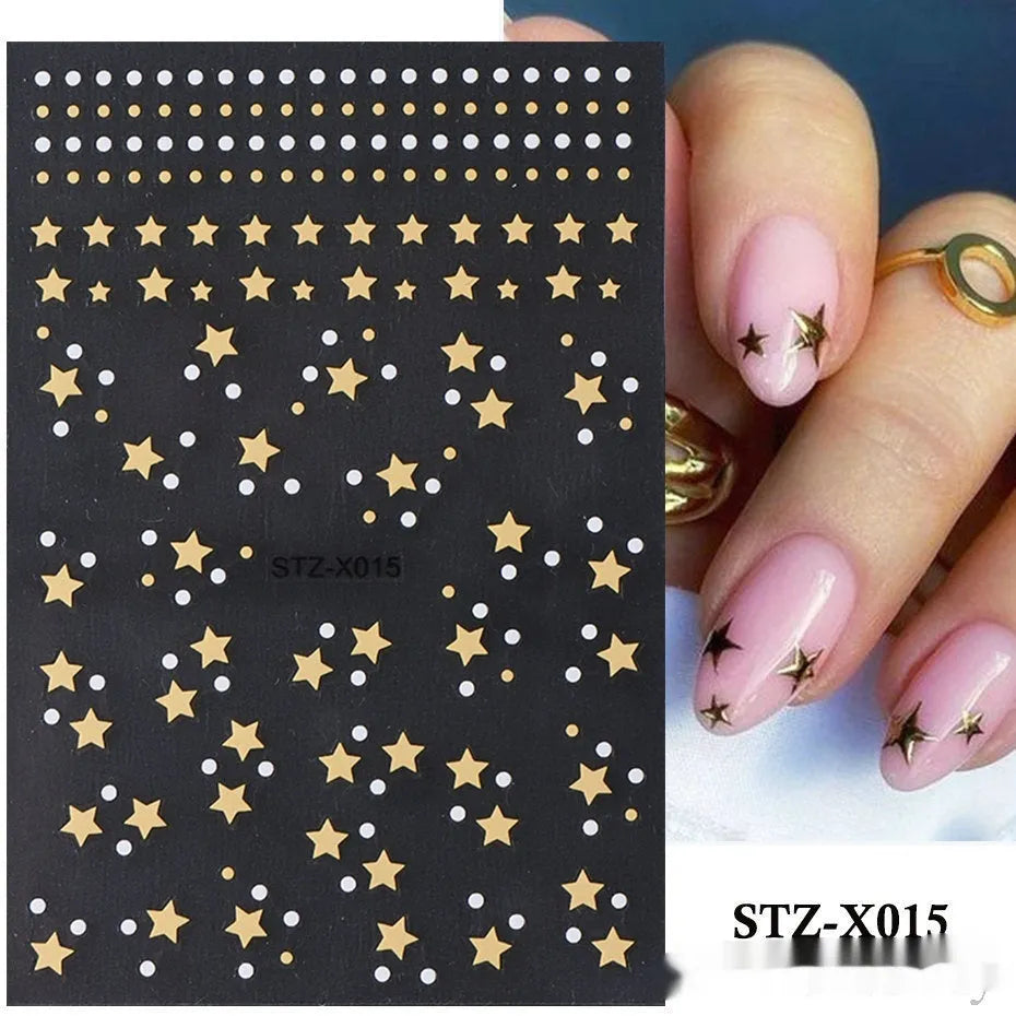 Close-up of a cartoon-style nail sticker with black and silver strips and a love pattern design on a fingernail.