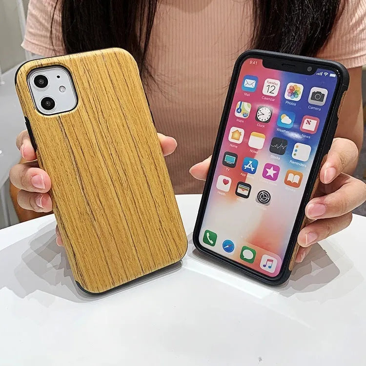 Wooden iPhone case showing rosewood, teak, black rose and walnut finish options with simple back cover design