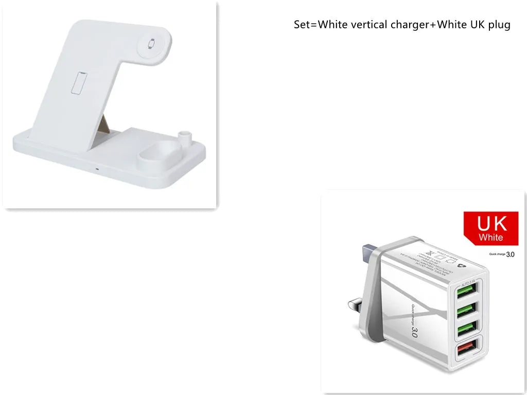 4-in-1 wireless charging station showing iPhone, Apple Watch, AirPods and Apple Pencil charging simultaneously on adjustable stand