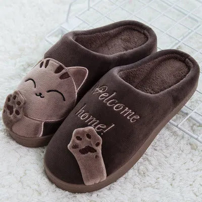Winter home slippers cartoon cat non-slip soft warm house slippers suede upper in black