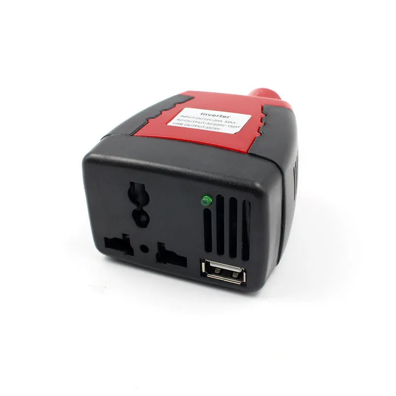 Black and red 150W car inverter with USB output, measuring 115 x 65 x 41mm