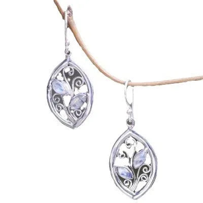 Silver leaf design earrings with colourful moonstone accents for women
