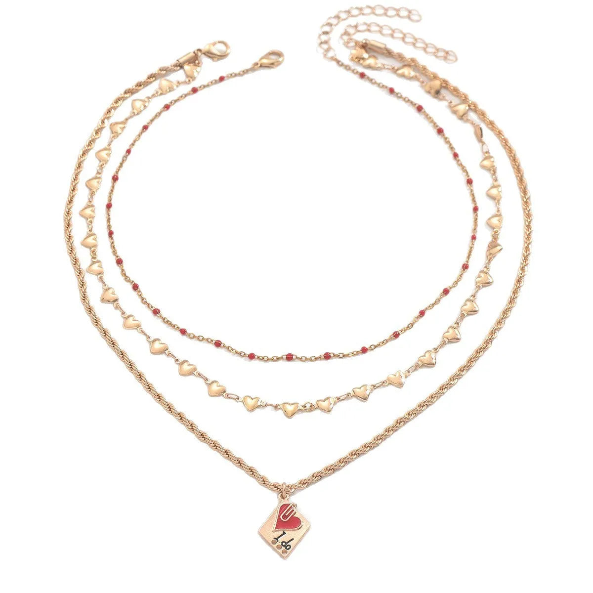 Geometric three-layer heart pendant necklace on a model, showing adjustable clavicle chain length.