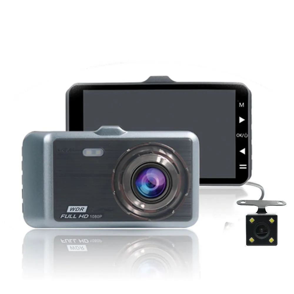 HD dual-lens driving recorder with 4-inch screen mounted on car windscreen