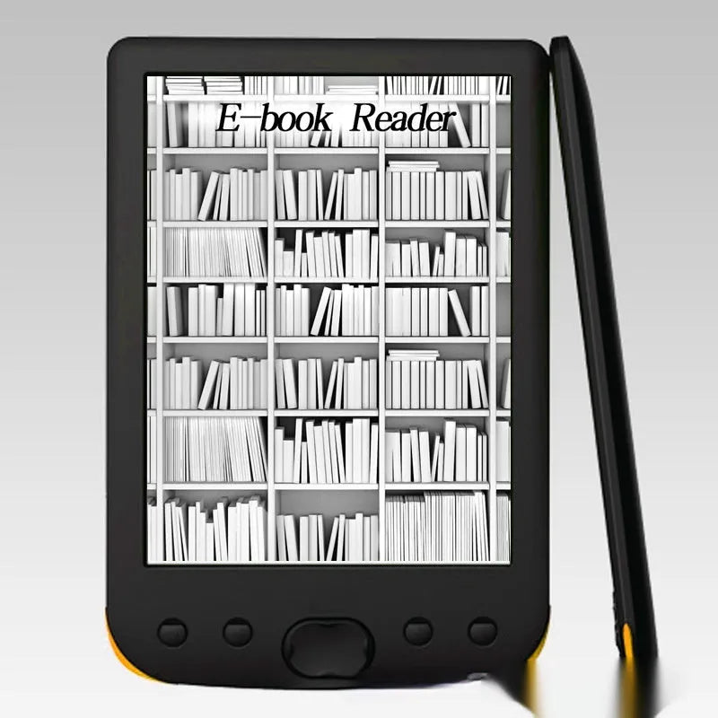 Black 6-inch e-book reader with E-ink screen showing a book page, on a plain background.