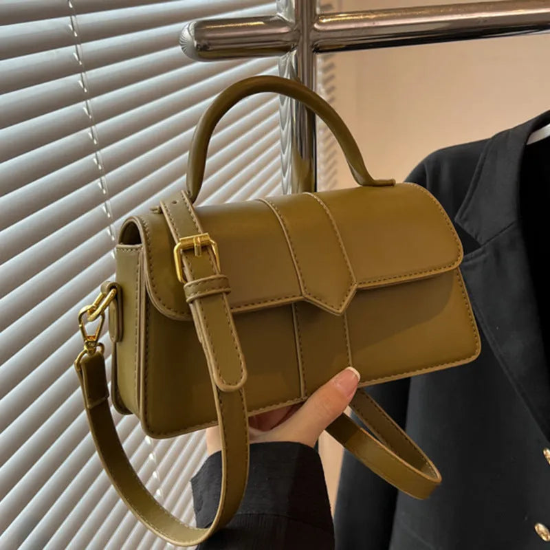 Women's beige PU leather horizontal square messenger bag with crossbody strap and external pocket