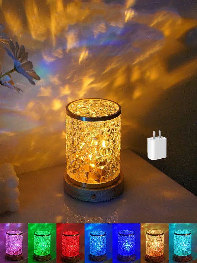 Rotating water ripple night light with wooden base showing dimensions of 9.5x14.5x10.5cm