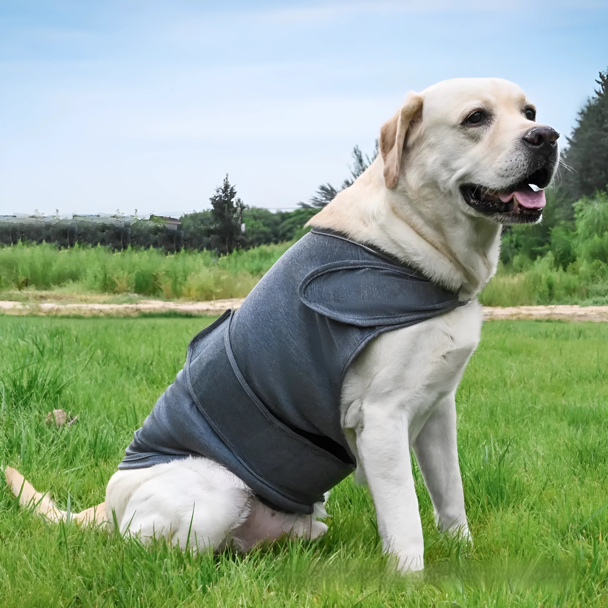 Dog wearing brown brocade cotton tank top designed for separation anxiety relief