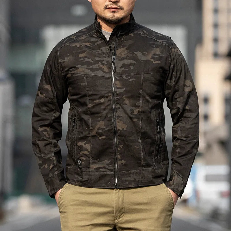 Men's brown polyester tactics assault jacket with camouflage pockets on a mannequin.