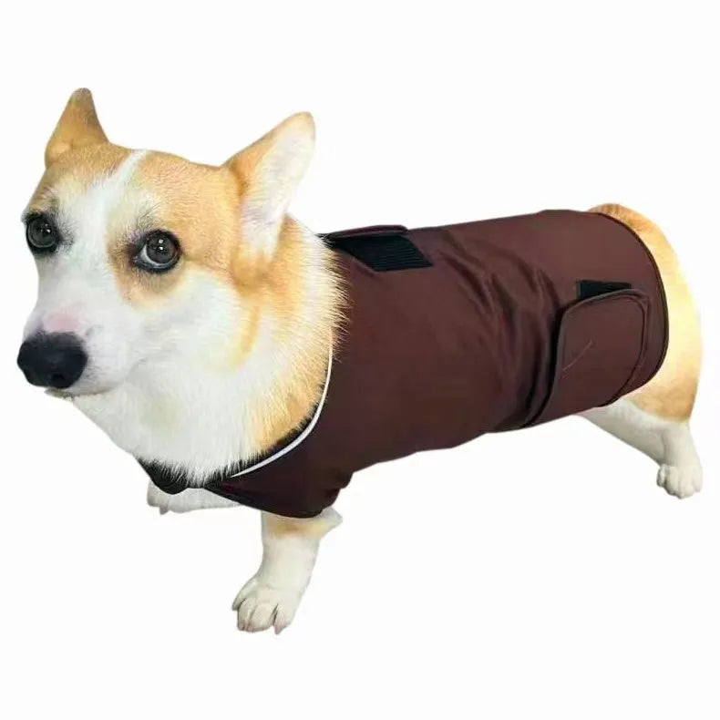 Dog wearing brown brocade cotton tank top designed for separation anxiety relief