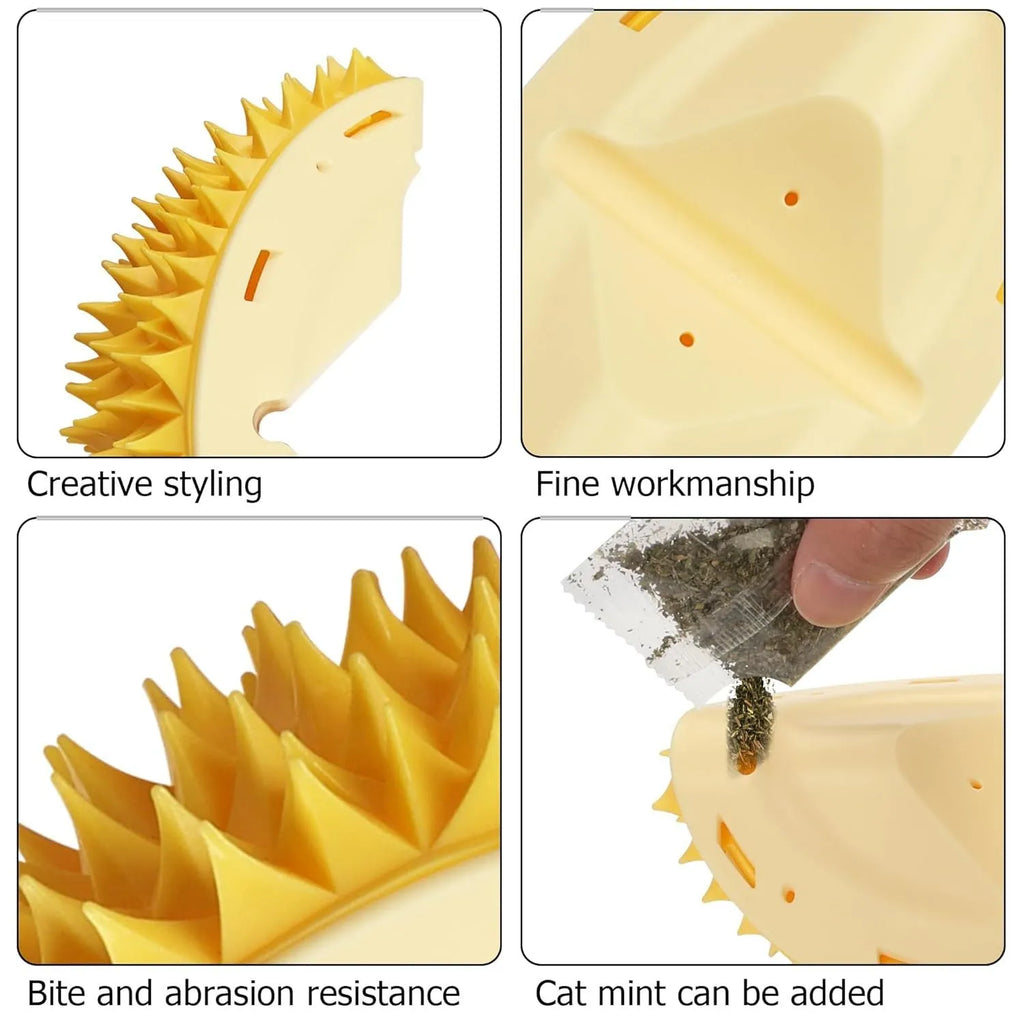 Yellow durian-shaped cat corner massage comb scratcher mounted on a wall.