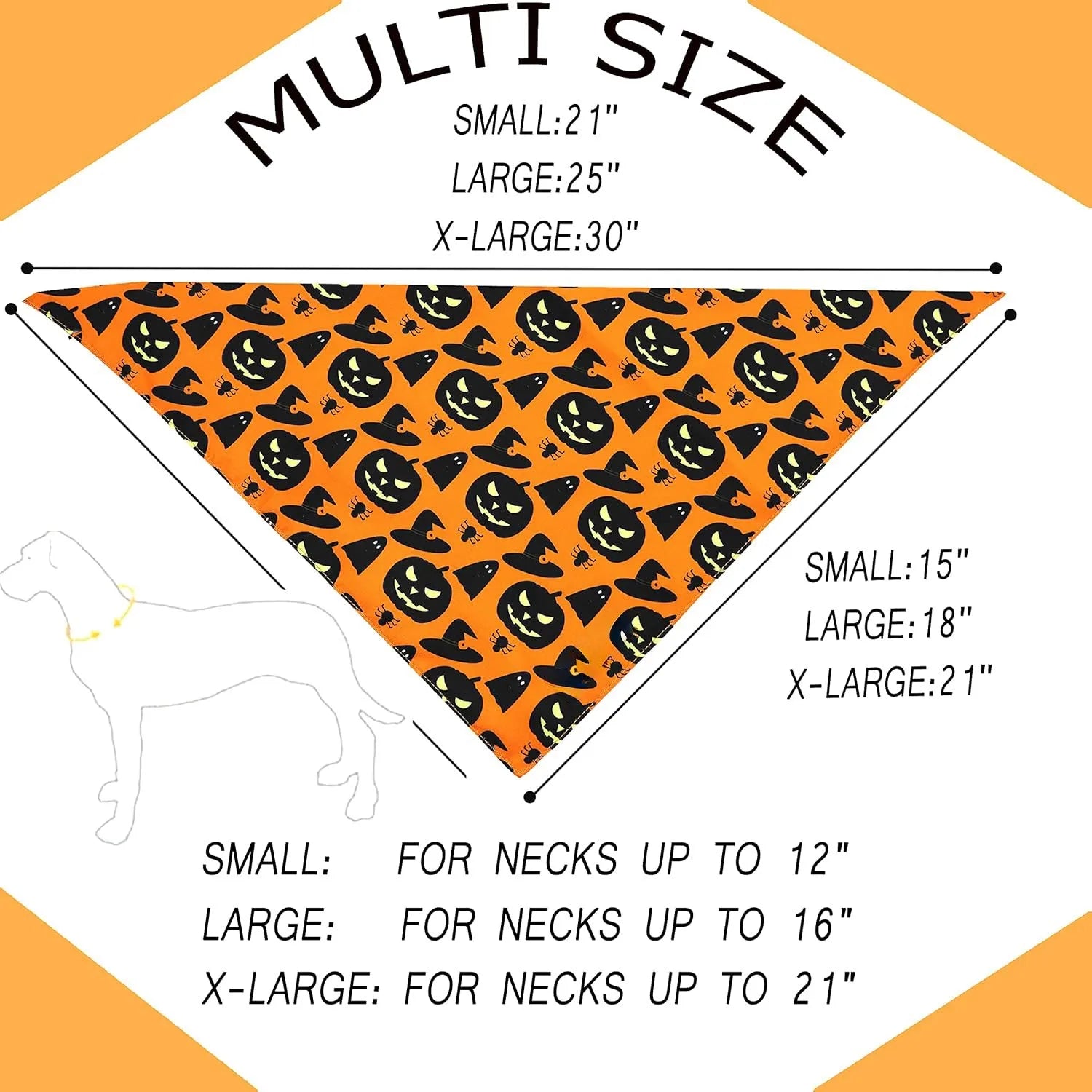 Black and orange reversible triangle dog bandana with Halloween pumpkin and spider web patterns.