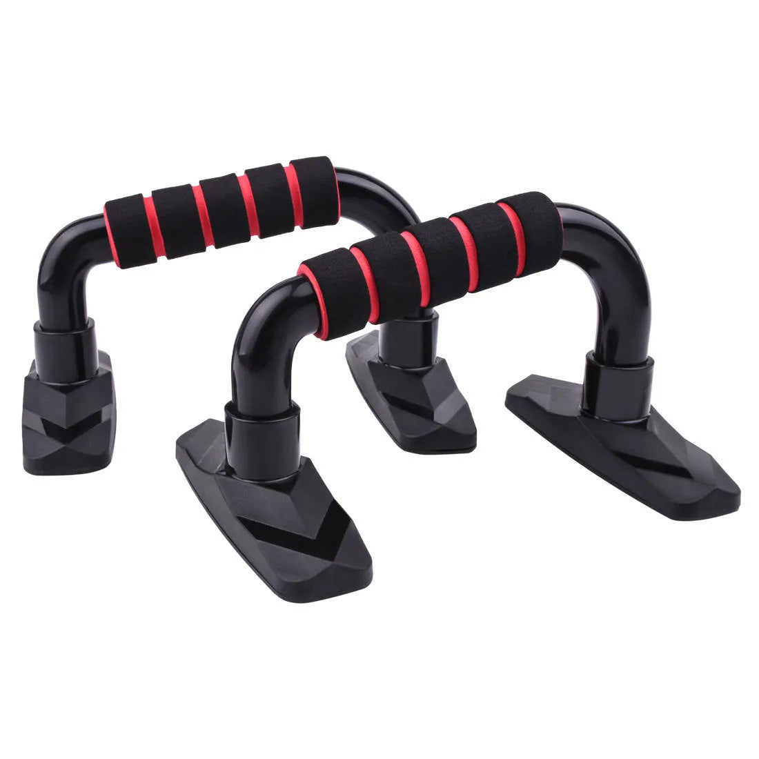 Pair of I-shaped push up bars with blue PP sponge handles on a floor.