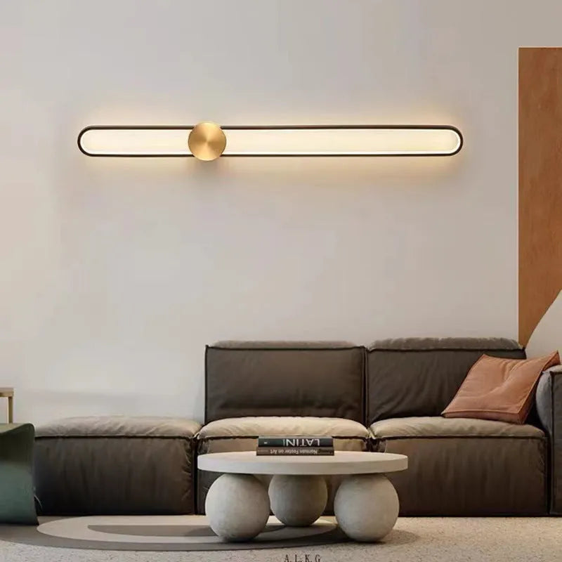 Modern minimalist wall lamp with iron shade and LED lighting in contemporary living room setting