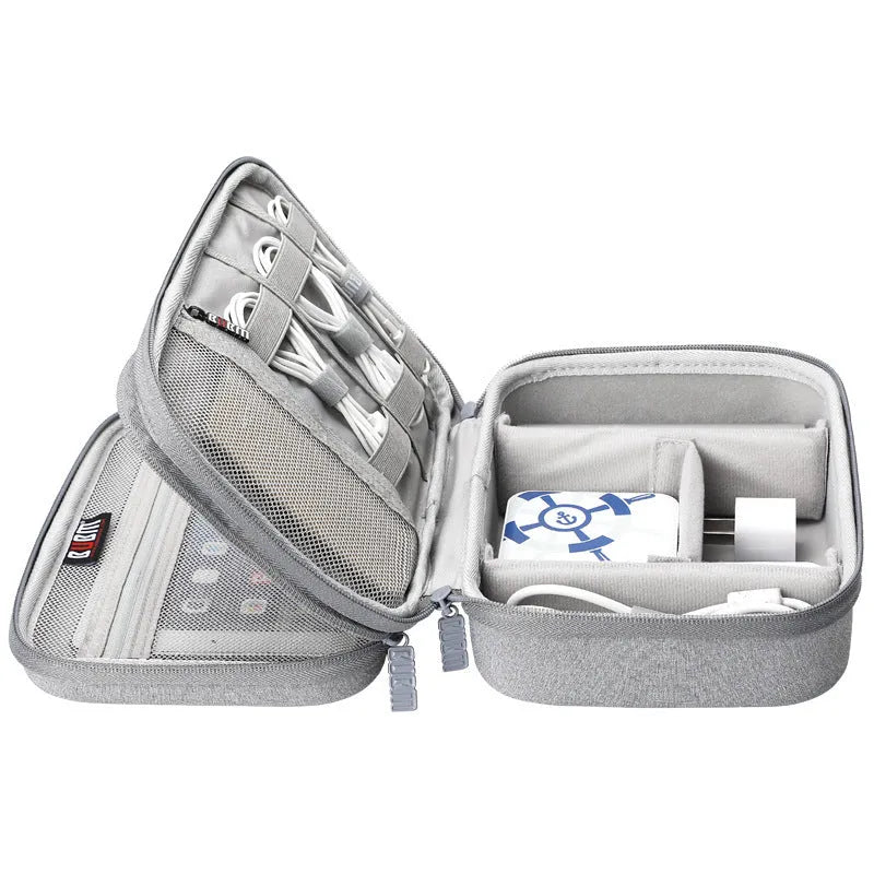 Black and grey EVA digital storage bag for headphones, shown in single and double-layer styles.