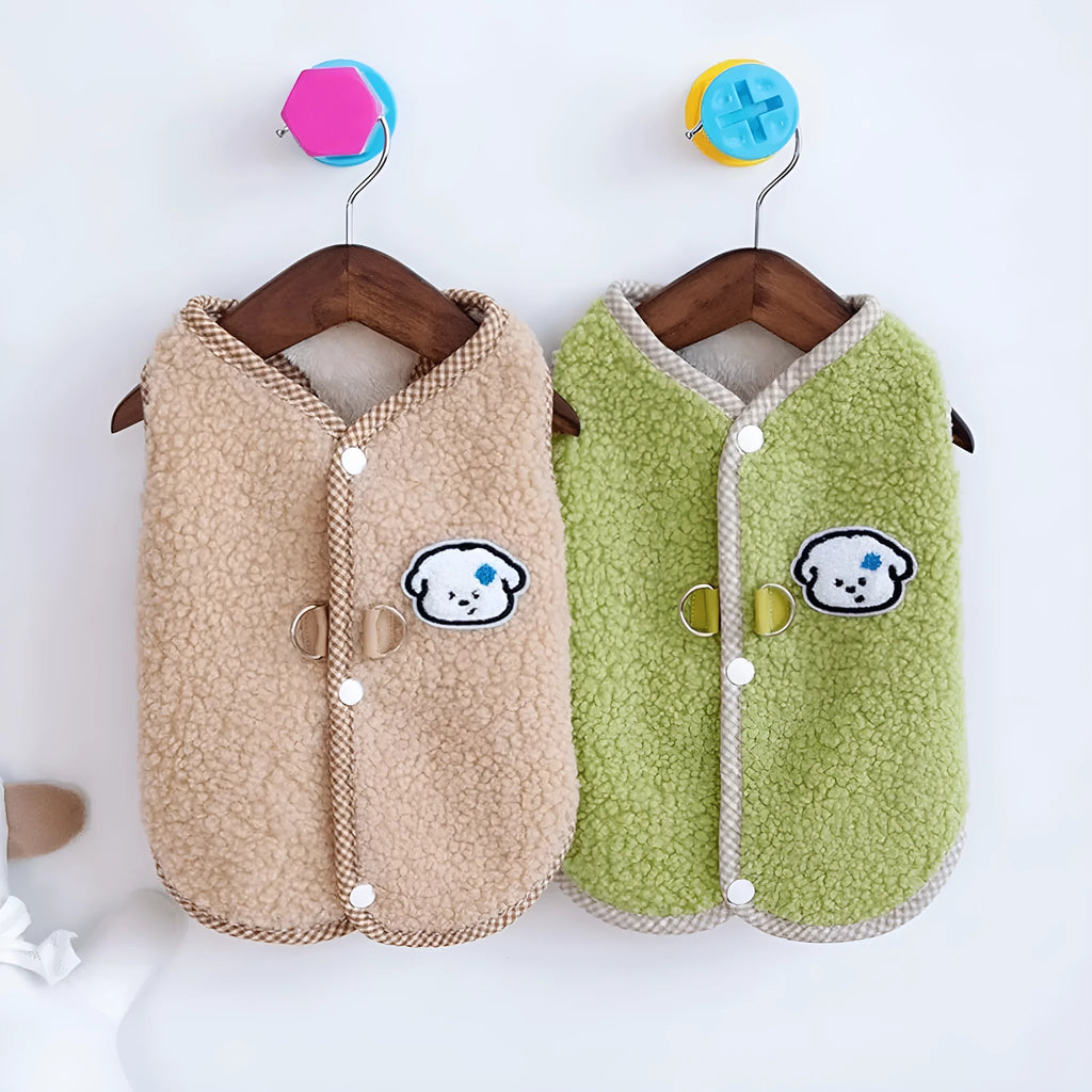Green thickened coral fleece dog vest with a metal leash ring on the back, sized for a small dog.