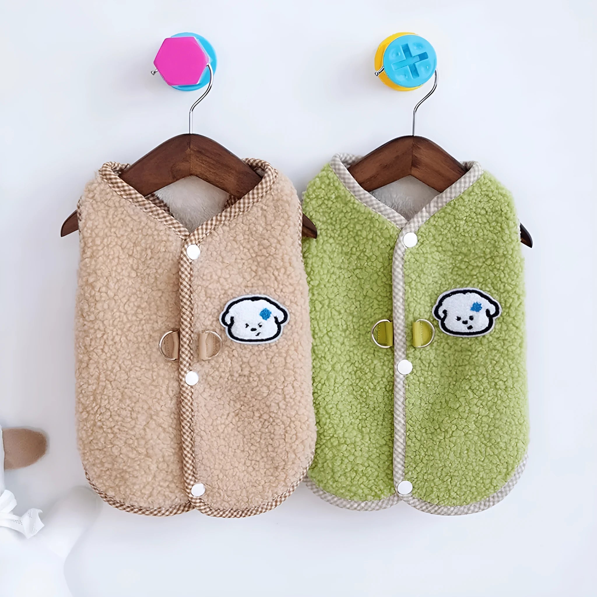 Green thickened coral fleece dog vest with a metal leash ring on the back, sized for a small dog.