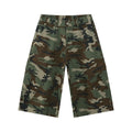 Men's cotton camouflage loose fit jeans with wide leg, cropped length, side stitching, and large pockets.