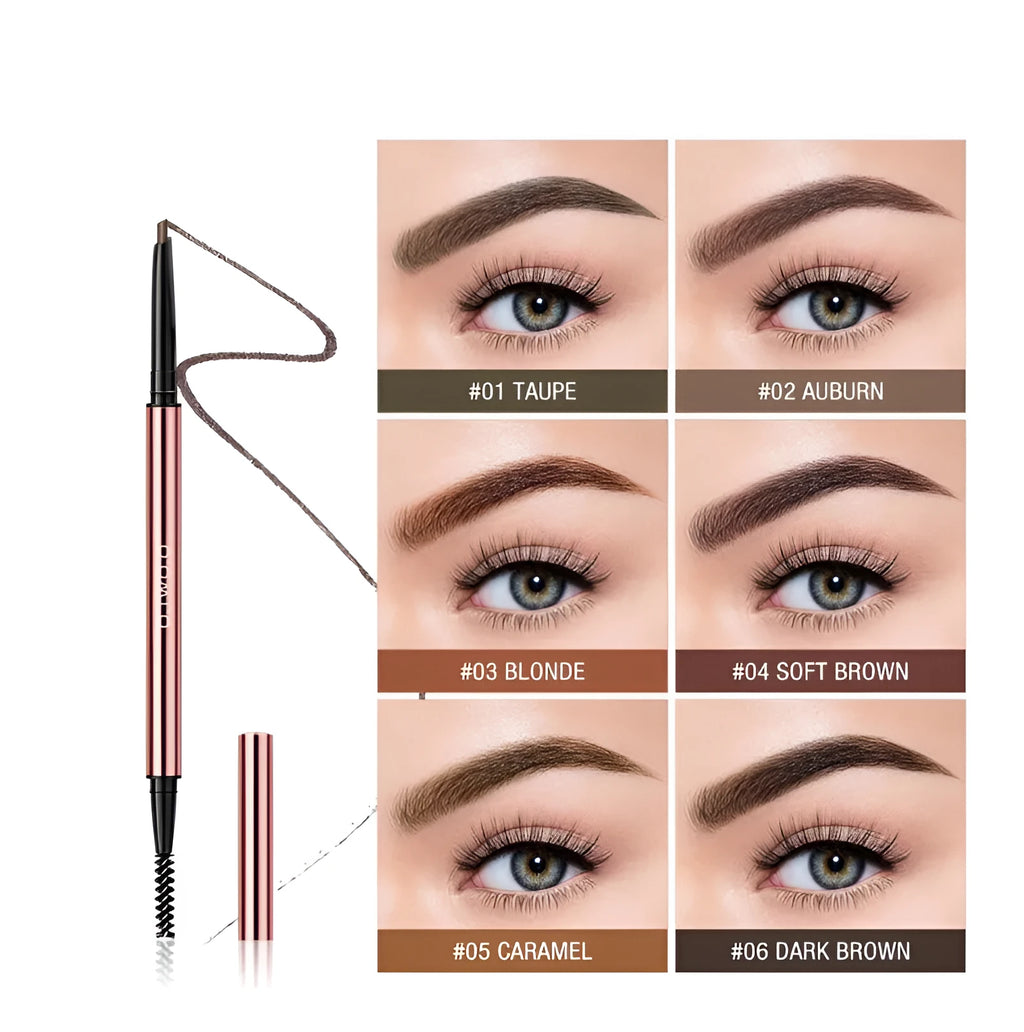 Triangular eyebrow pencil in plastic case with six shade options including blonde, taupe and dark brown