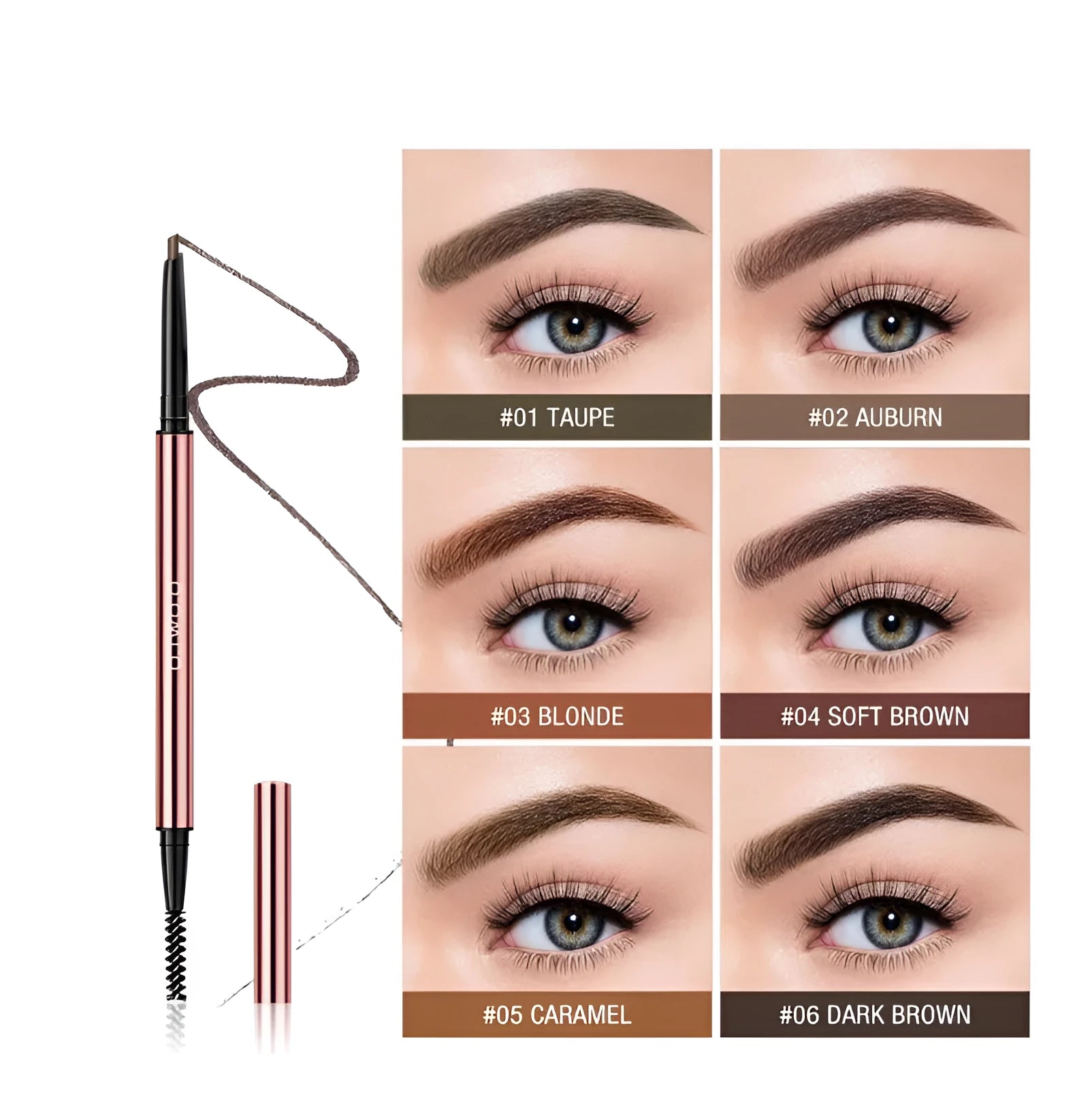 Triangular eyebrow pencil in plastic case with six shade options including blonde, taupe and dark brown