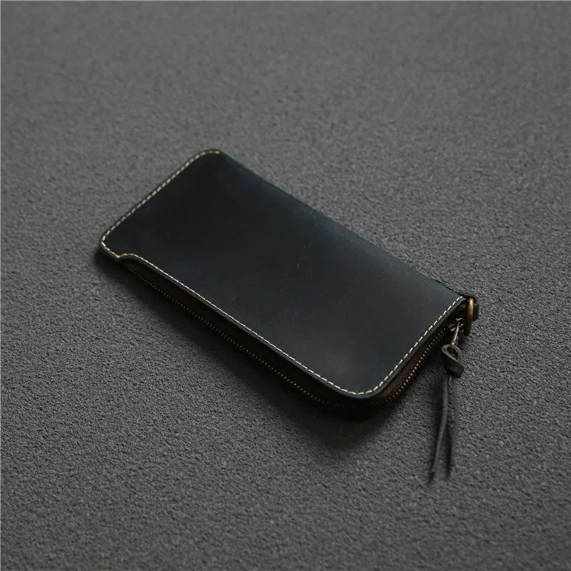 Men's genuine leather zip wallet 18cm top layer cowhide dark brown Crazy Horse leather sewing line detail
