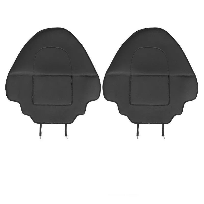 Black leather motorcycle anti kick pad set for seat protection, shown with dimensions.