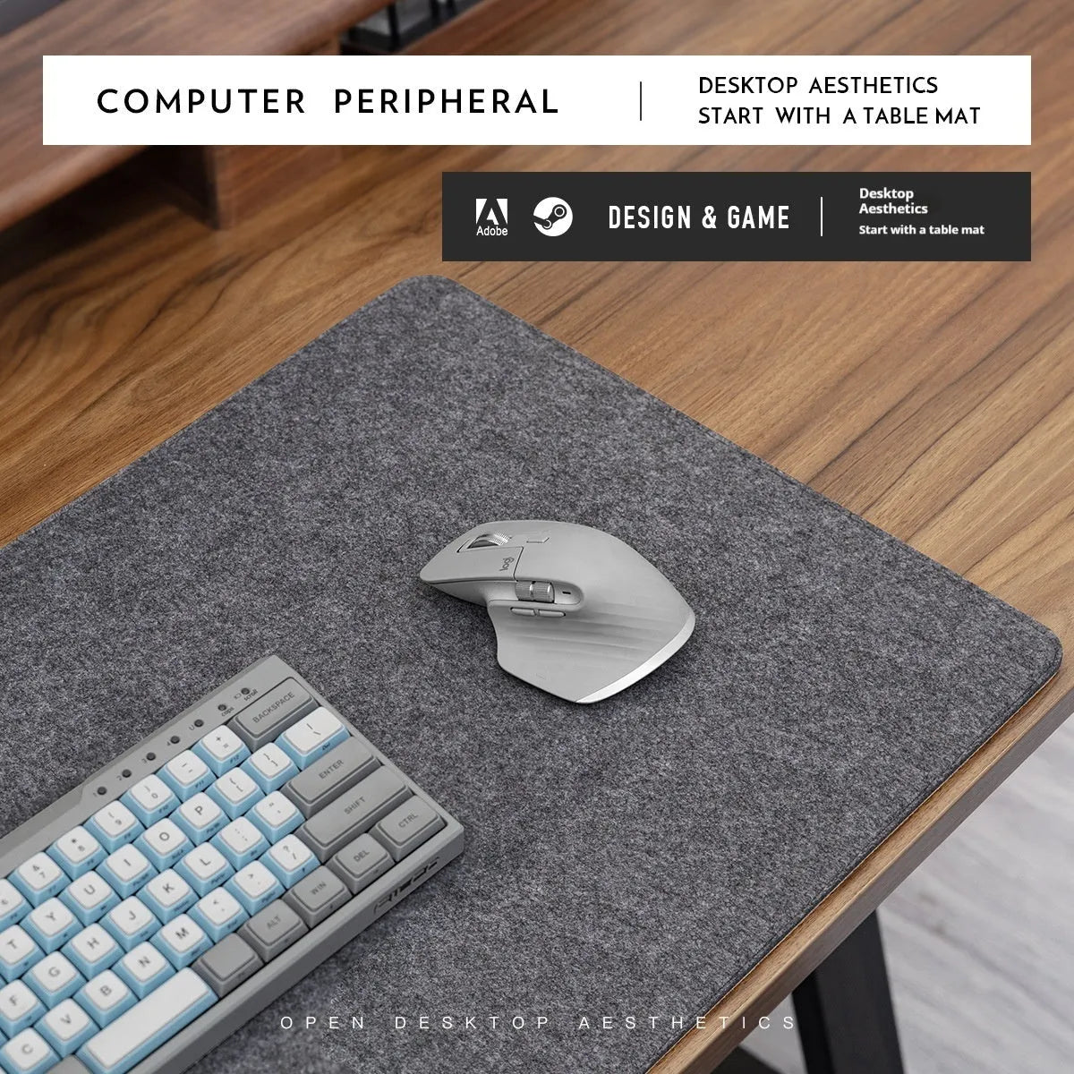 Oversized black grey felt and cork mouse mat on office desk with non-slip backing