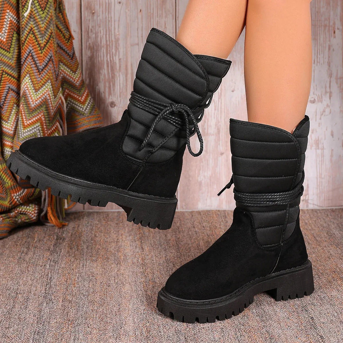 Women's black suede snow boots with chunky heel, lace-up design, and fleece lining