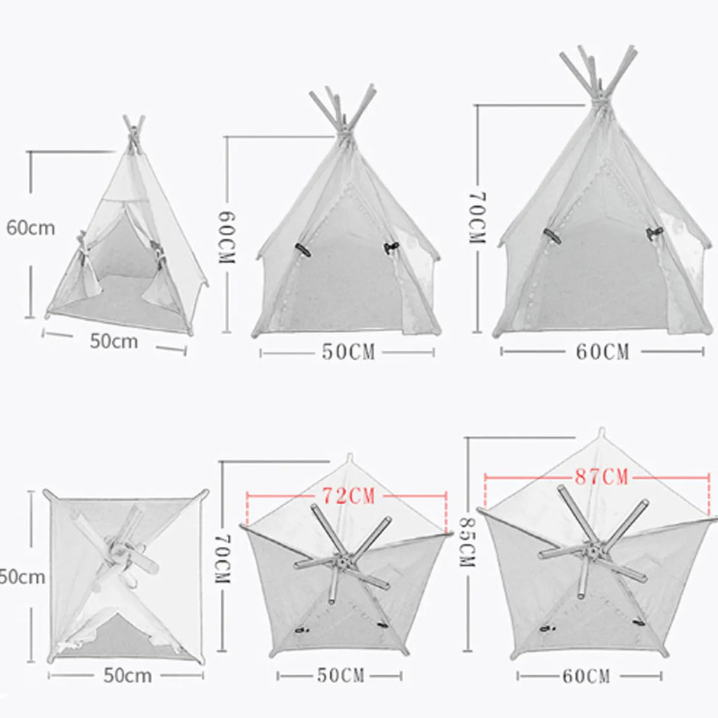 Striped flax linen pet teepee tent with cushion for small dogs or cats indoors