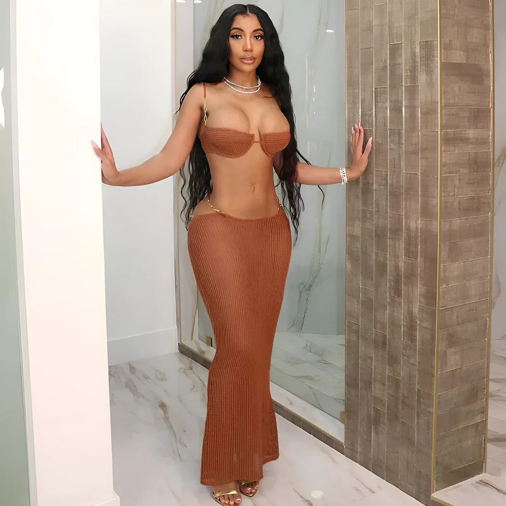 Women's see-through bikini skirt suit in black, long skirt design, polyester fabric