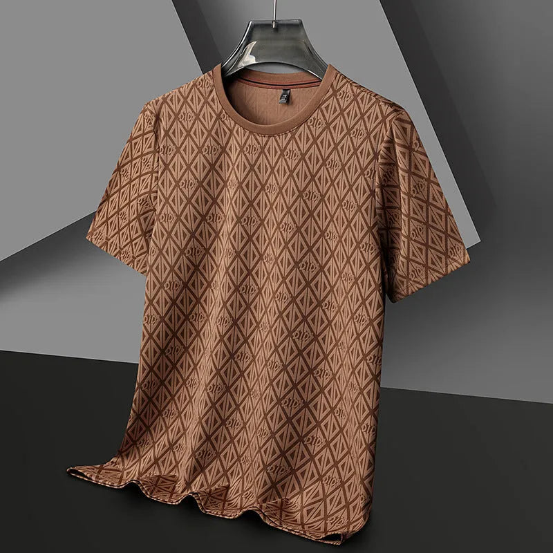 Men's loose fit round neck short sleeve T-shirt in ice silk fabric, shown in solid colour options.