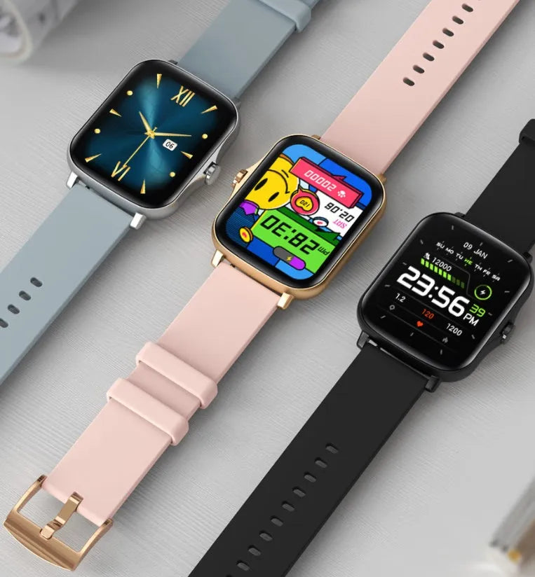 Blue smart watch with 1.7-inch touch screen on adjustable silicone strap
