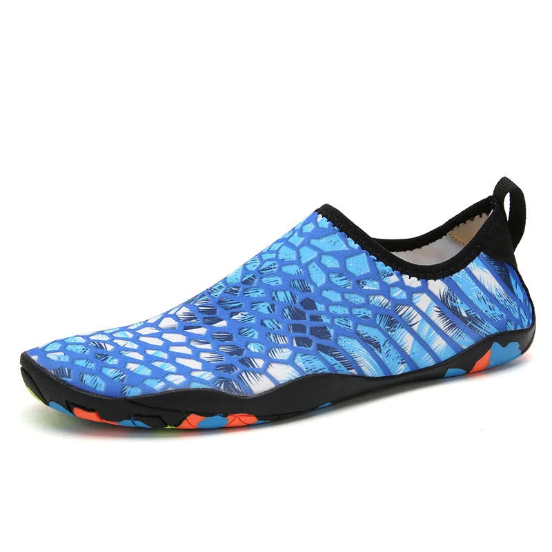 Beach wading shoes with stretch Lycra uppers and EVA midsoles in blue, black, pink, purple, and camouflage colours