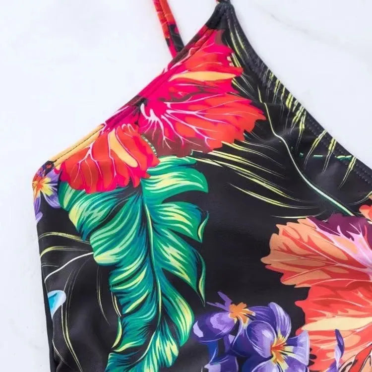 Black women's high waist briefs with printed split bikini design for sports and swimming activities