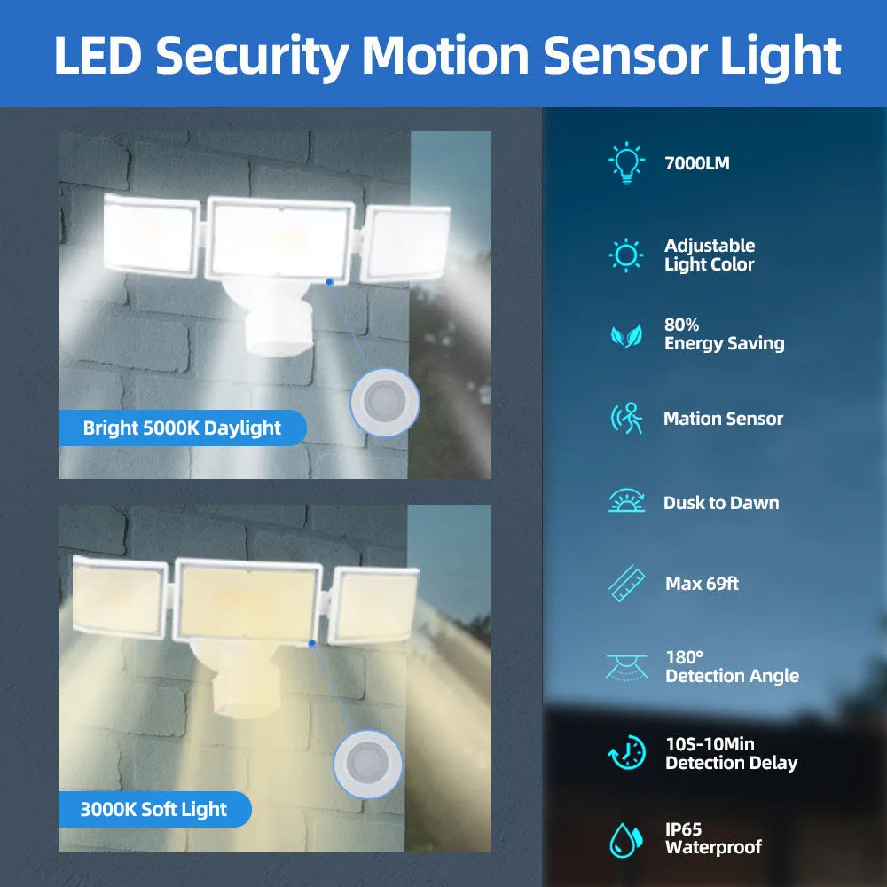 White or black LED security flood light with motion sensor for outdoor wall or ceiling mounting.