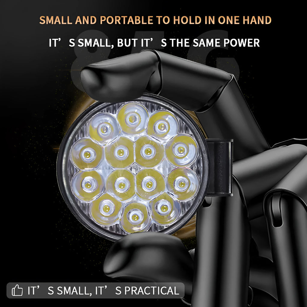 Compact round aluminium LED work light for cars and off-road vehicles with white light output.