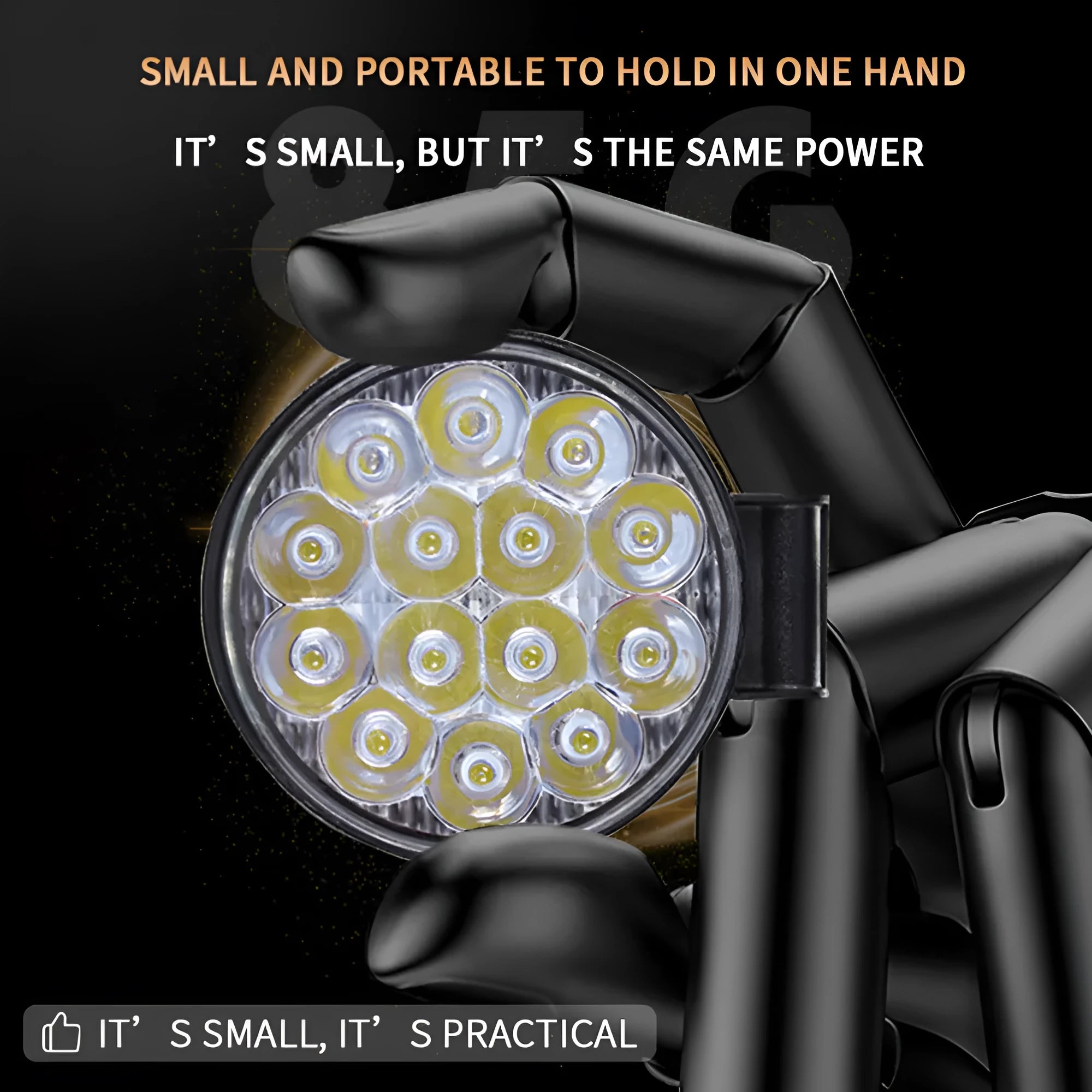 Compact round aluminium LED work light for cars and off-road vehicles with white light output.